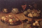 unknow artist Still life of Grapes and apples on pewter plates,figs,melons and a wine glass oil